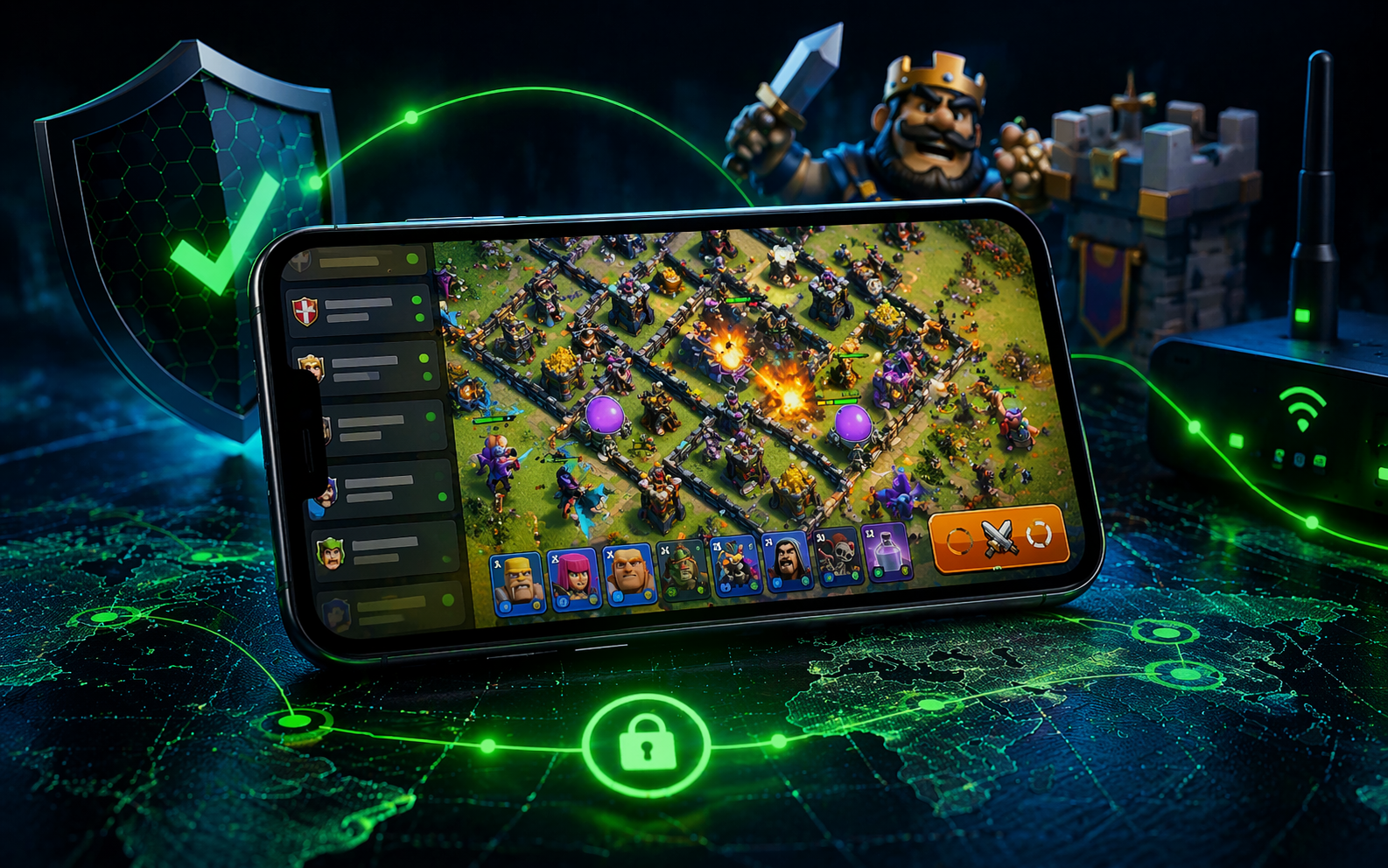 VPN для Clash of Clans на смартфоне с проверкой атак, чата клана и событий