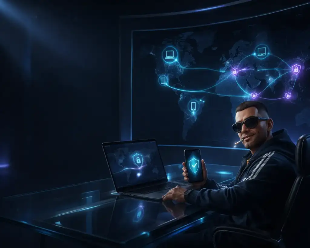 Панель управления BratokVPN с защищёнными маршрутами для телефона и ноутбука